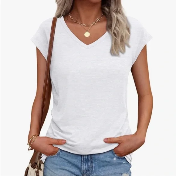 NWT White V-Neck Short Sleeve Basic Tee XS - Picture 1 of 4